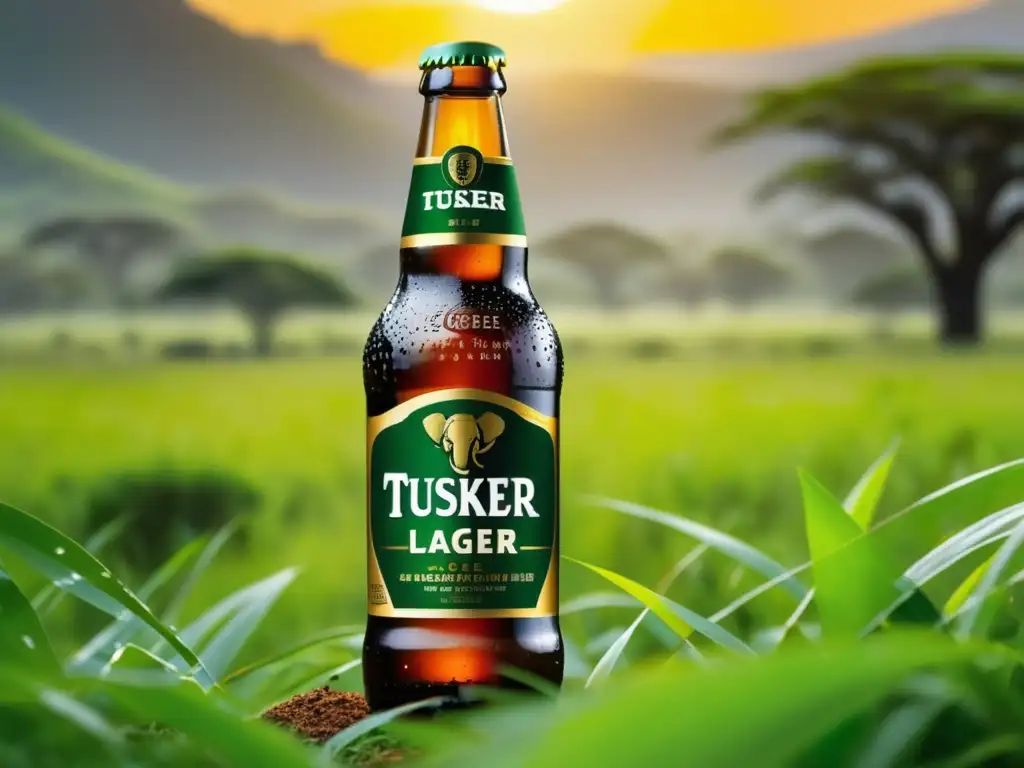 Botella de Tusker Lager refrescante en paisaje keniano, con condensación y detalles de la etiqueta