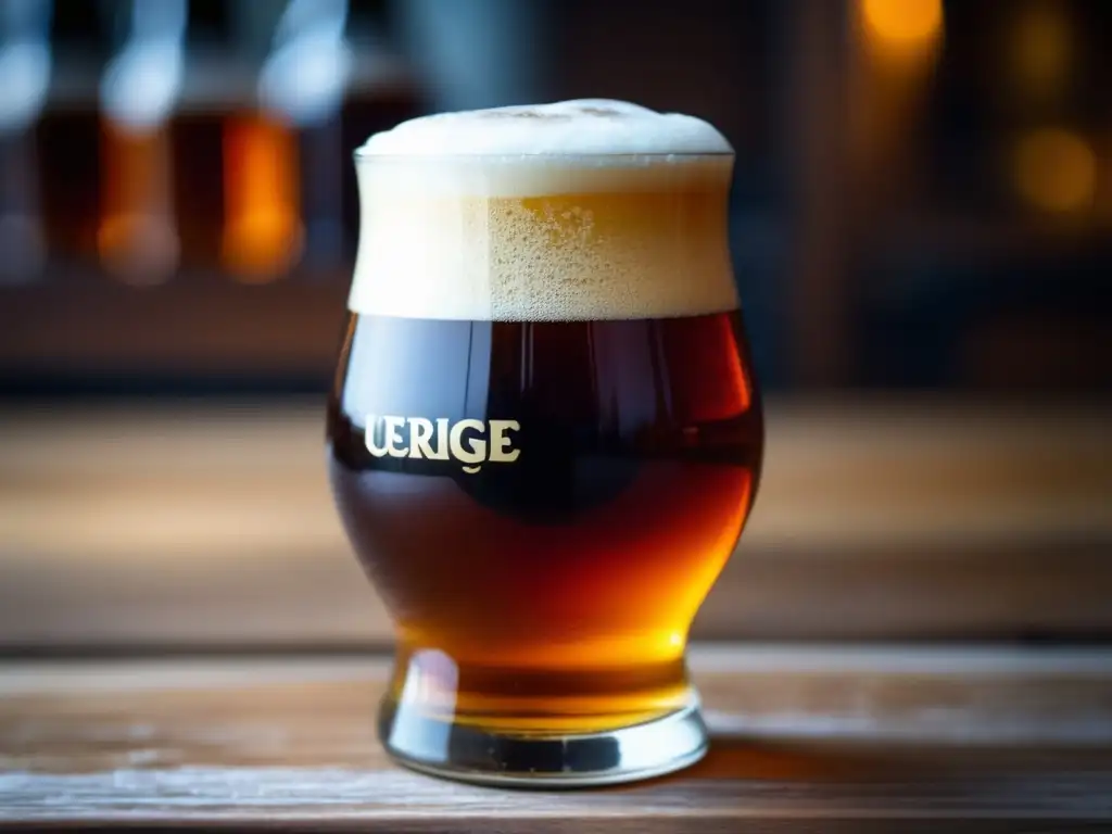 Altbier Uerige Alt en vaso de cristal con espuma cremosa y color ámbar sobre mesa de madera