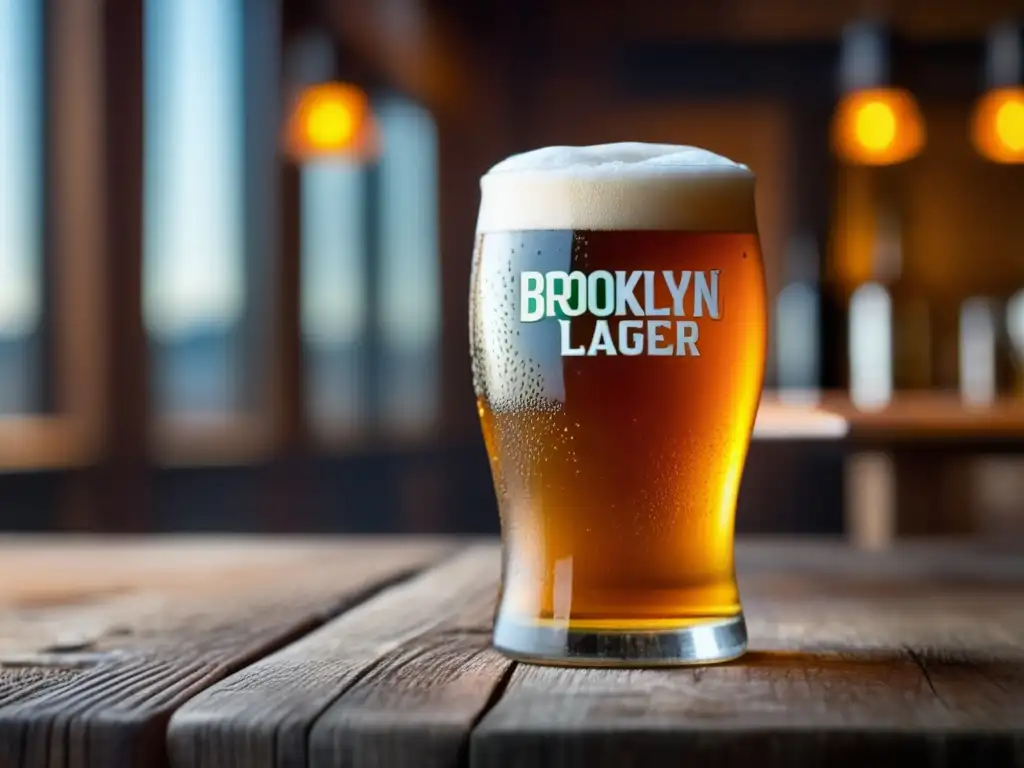 Cerveza Brooklyn Lager, color ámbar y burbujas efervescentes en vaso de madera rústica - American Amber Lager