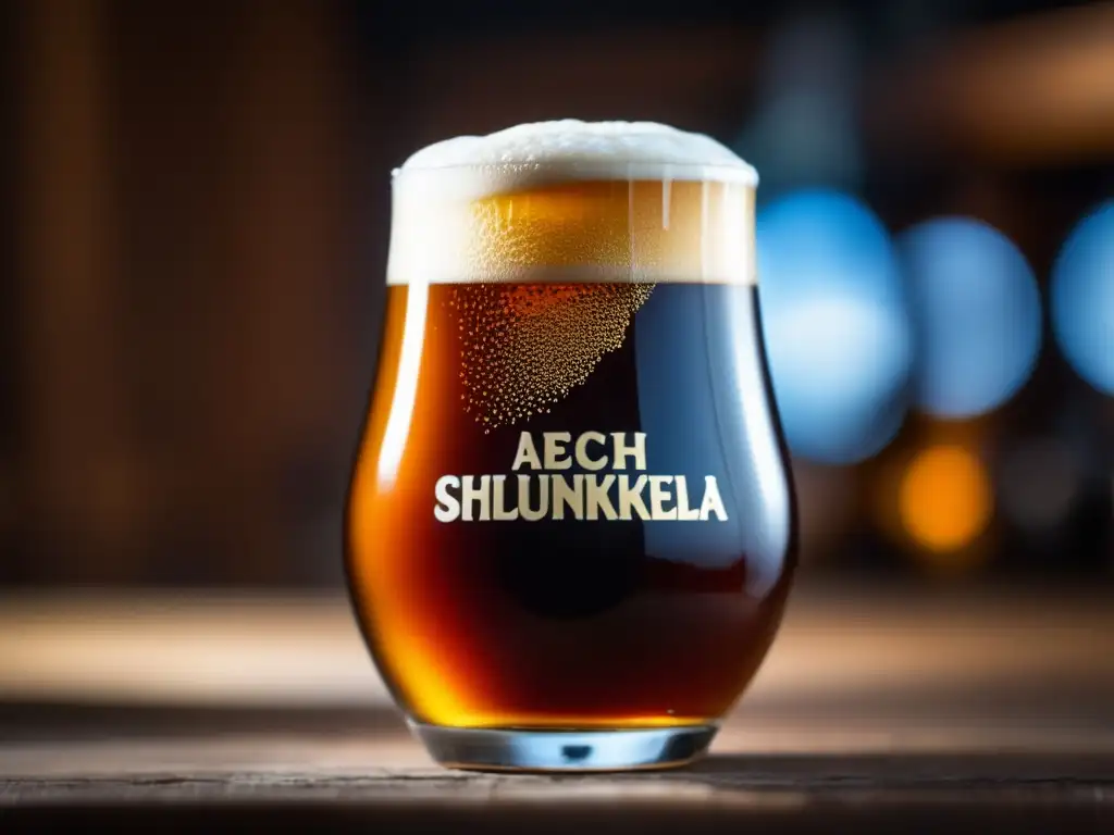 Cerveza Rauchbier: Color ámbar y espuma espesa Cerveza Rauchbier con burbujas y jardín alemán