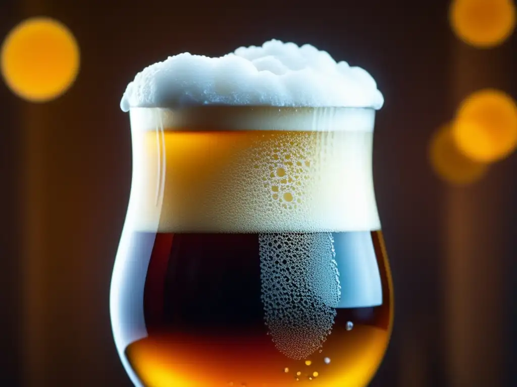 Cerveza Rauchbier: color ámbar con espuma abundante Cerveza Rauchbier: vistoso vaso ámbar con espuma cremosa resaltando burbujas y detalles, condensación refrescante