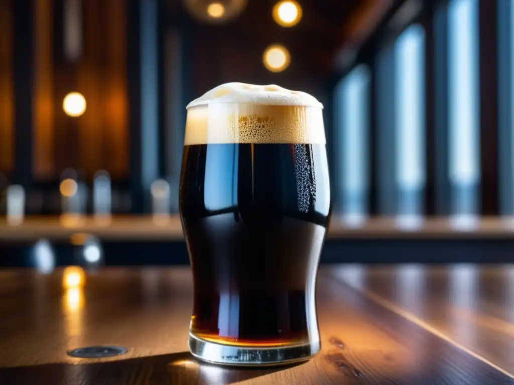 Vaso de Baltic Porter negra con espuma cremosa, condensación y detalles de chocolate, café y menta