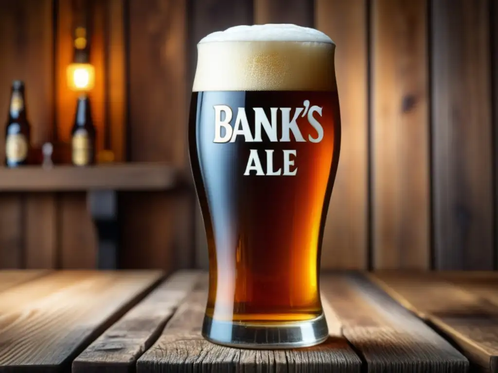 Vaso de cerveza Banks's Mild Ale con condensación, color ámbar y espuma cremosa