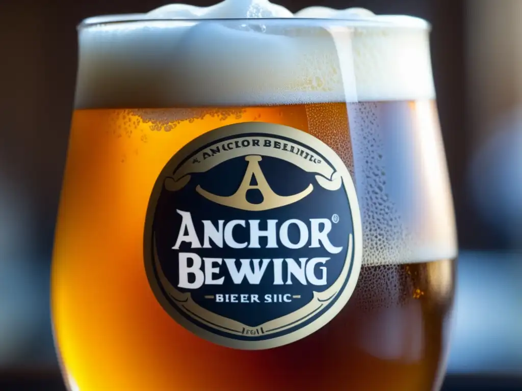 Amplio detalle de cerveza Anchor Brewing, con color ámbar y espuma blanca