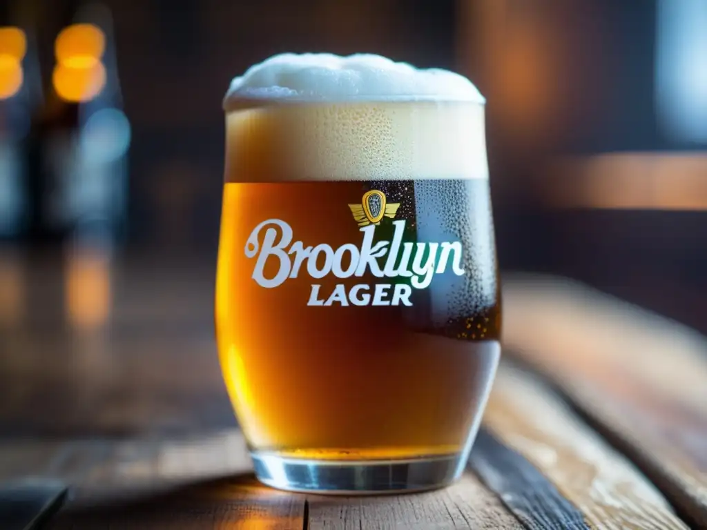 Cerveza Brooklyn Lager: Closeup dorada y burbujeante, evocando artesanía y tradición