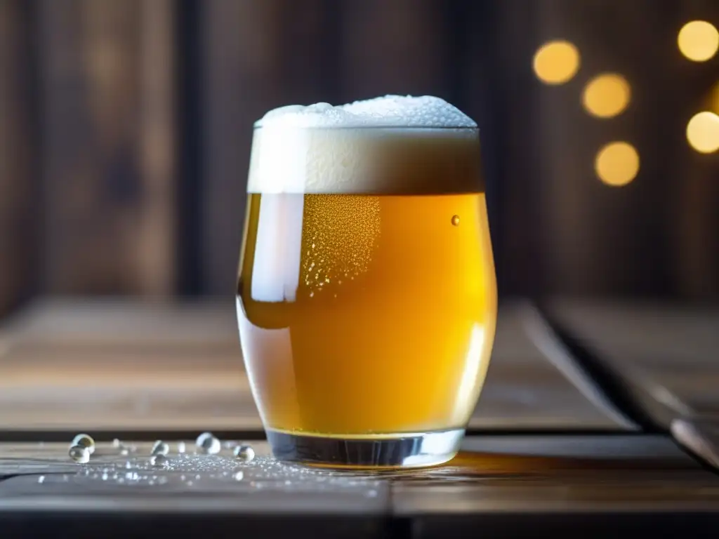 Cerveza saison casera en vidrio con espuma blanca y detalles texturizados, en una mesa de madera rústica