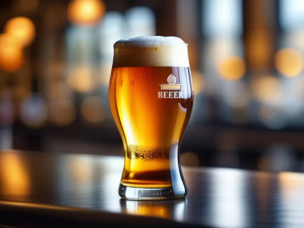 Cerveza artesanal de color ámbar con burbujas delicadas en un vaso tulipa, resaltando su claridad y la carbonatación