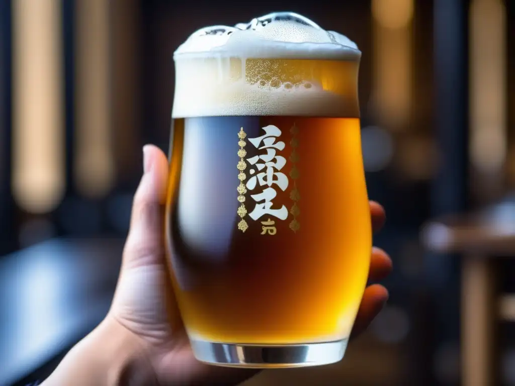 Vaso cerveza japonesa, artesanal, elegante, con espuma y detalles intrincados - Asociación cervecera japonesa