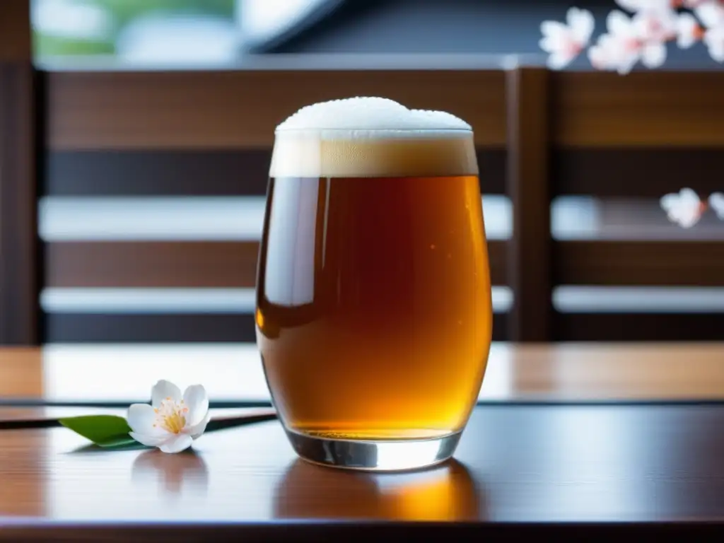 Copa de cerveza artesanal japonesa con espuma cremosa y elementos tradicionales japoneses - Asia cerveza craft