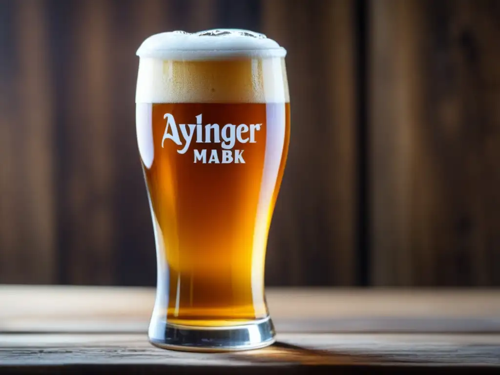 Una elegante copa de cerveza dorada Ayinger Maibock en una mesa de madera rústica