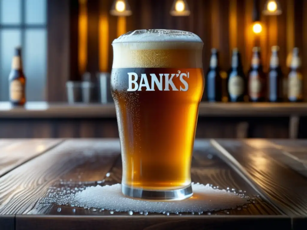 Cerveza Banks's Mild Ale en vaso de vidrio con espuma cremosa y detalles intrincados