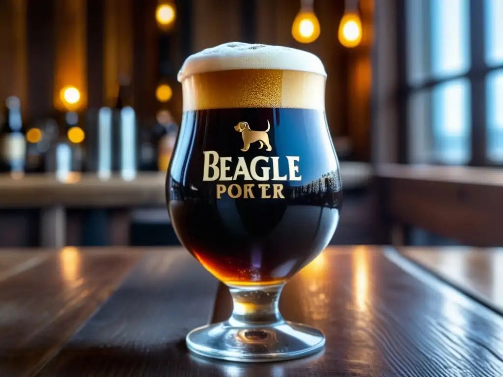 Cerveza Porter Beagle oscura y rica en una mesa rústica