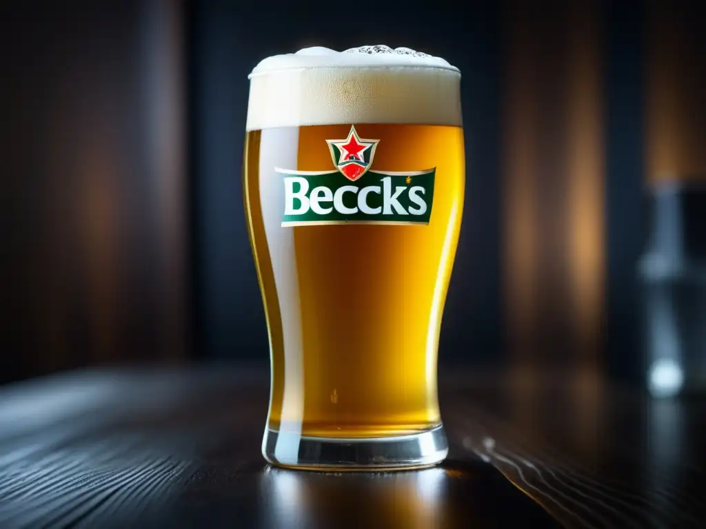 Cerveza Becks: vidrio lleno de líquido dorado, burbujas y condensación en mesa de madera