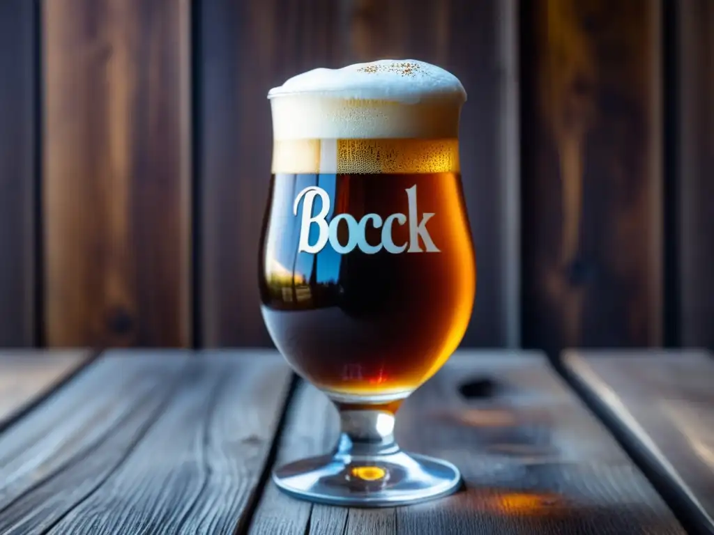 Vaso de cerveza Bock ámbar con espuma cremosa y burbujas, en mesa de madera rústica