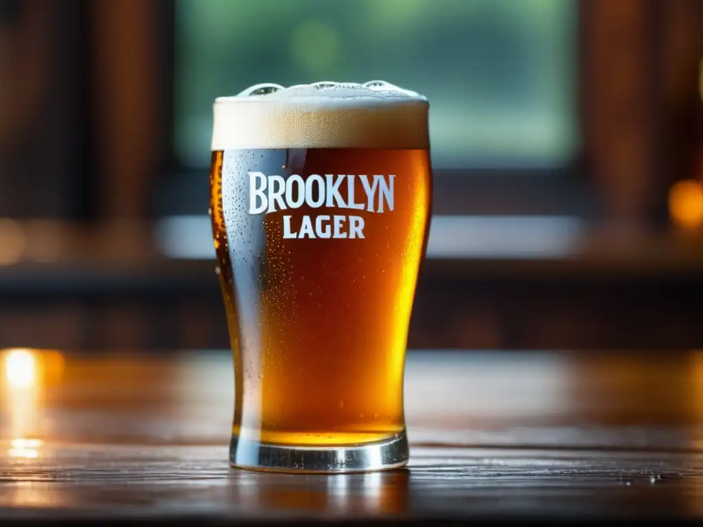 Brooklyn Lager: Vaso frío con delicadas burbujas de cerveza ámbar