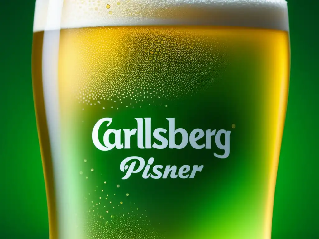 Vaso de cerveza Carlsberg Pilsner helada con burbujas y condensación