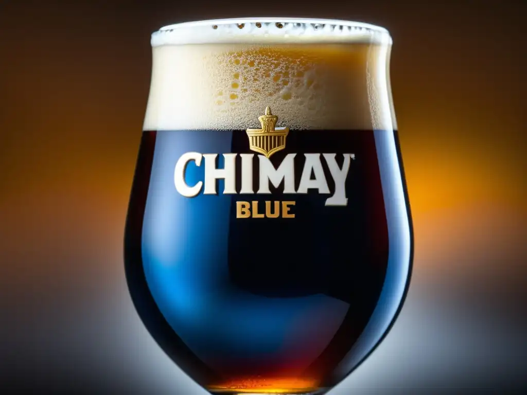 Cerveza Chimay Blue Belgian Ale, detalle perfecto del vertido, color ámbar intenso, cabeza cremosa, burbujas carbonatadas