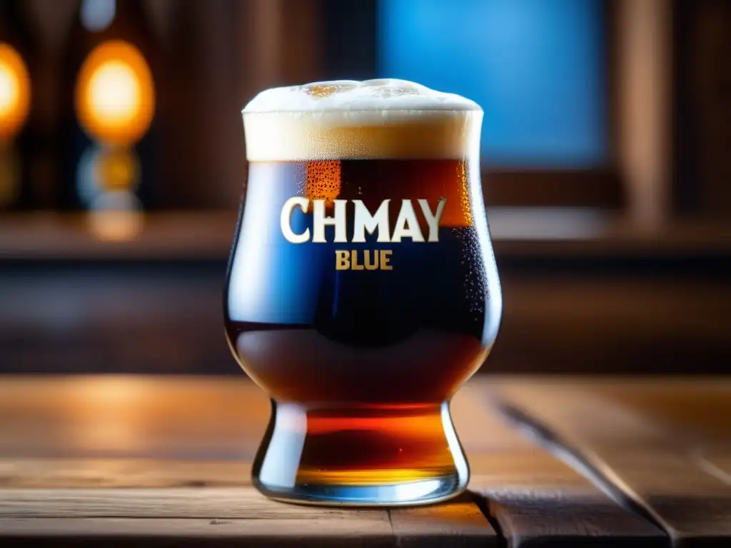 Vaso de cerveza Chimay Blue, Ale belga, atmósfera cálida y rústica