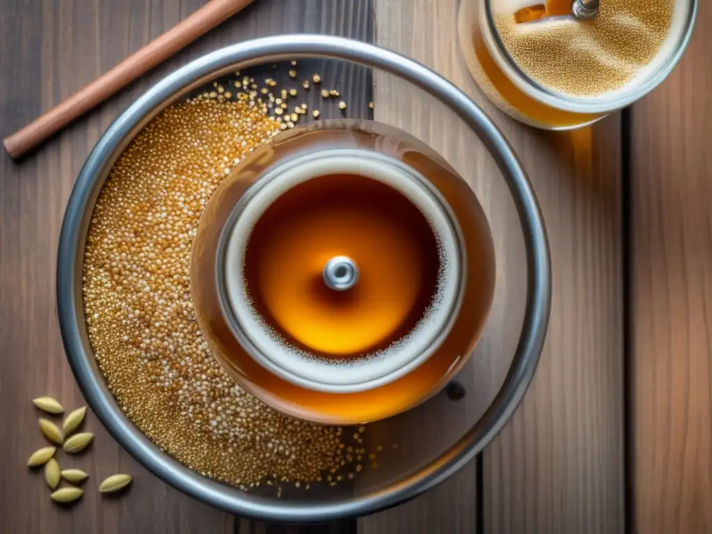 Detalle de vaso de cerveza dorada con granos de malta en mesa de madera rústica - Temperaturas maceración