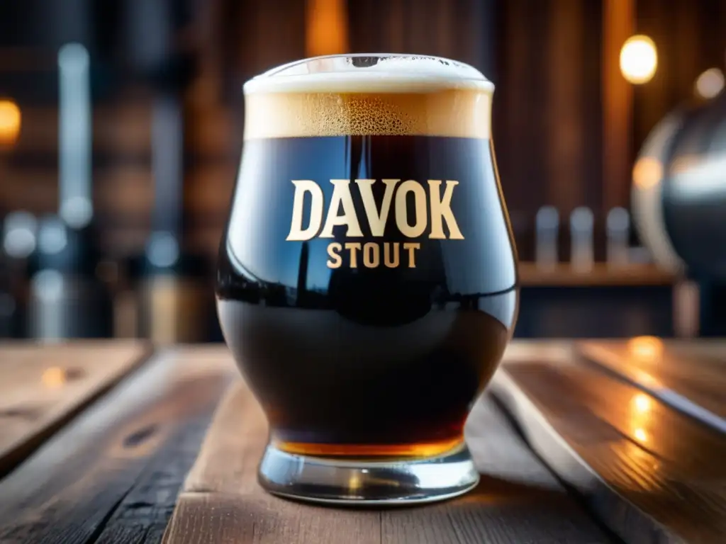 Cerveza Davok Stout con espuma cremosa en vaso de vidrio sobre mesa de madera rústica -