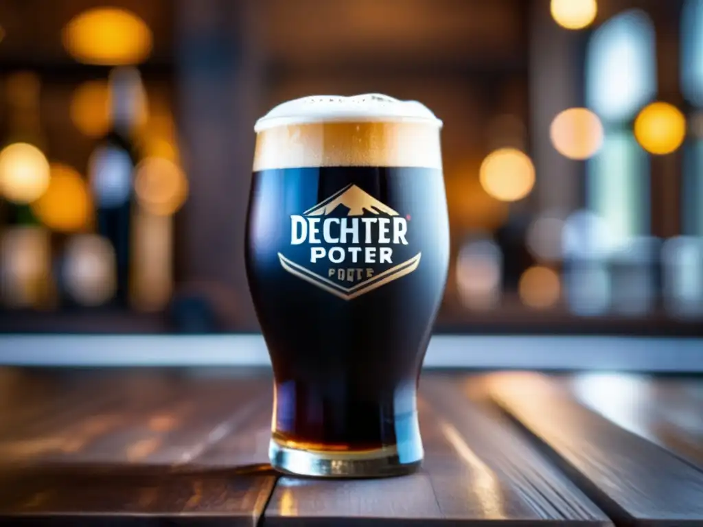 Vaso de cerveza Porter Deschutes Black Butte, color oscuro y espuma cremosa, en mesa de madera rústica