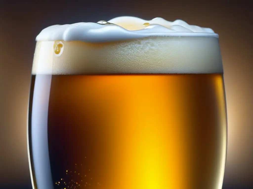 Cerveza dorada y refrescante Glosario cervecero: Imagen impactante de un vaso de cerveza dorada con espuma cremosa y un fondo difuminado