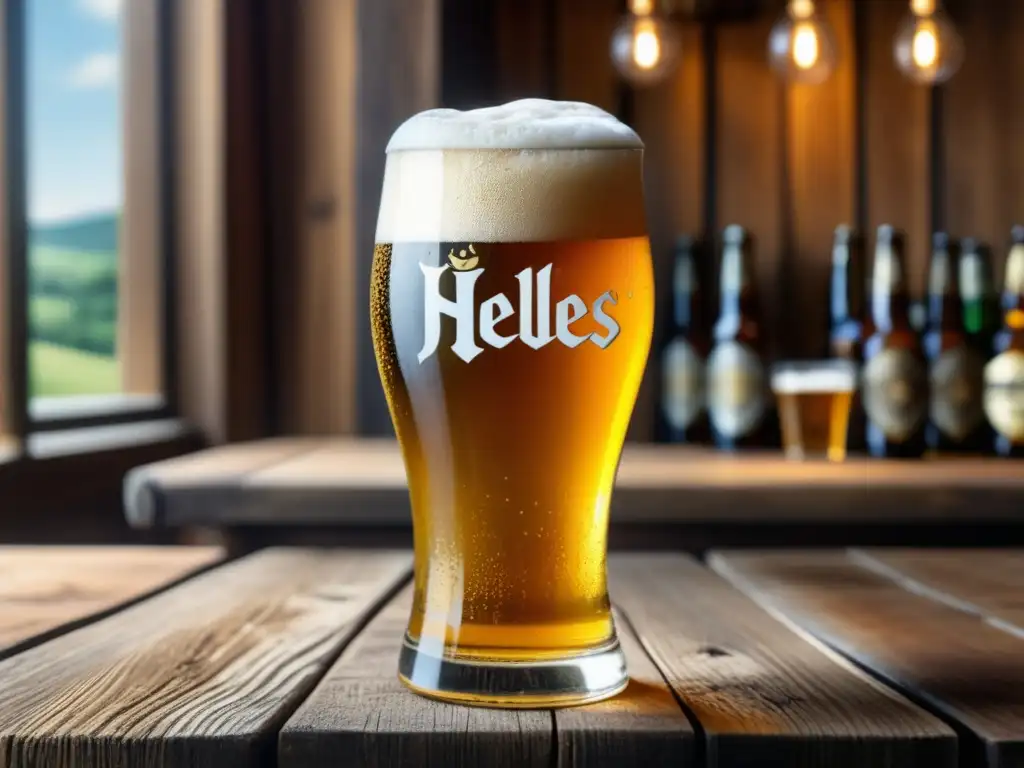 Cerveza Helles dorada en vaso de cristal adornado con detalles elegantes, sobre mesa de madera rústica