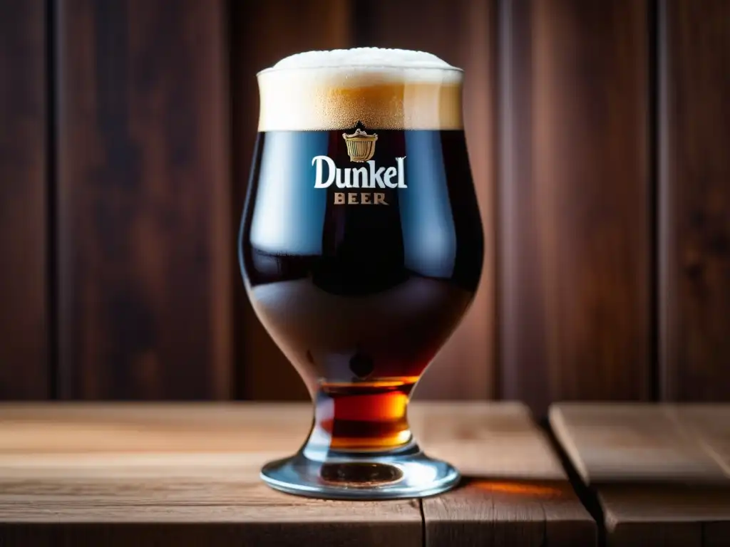 Cerveza Dunkel artesanal de color mahogany con espuma cremosa y detalles de malta y lúpulo en una mesa de madera