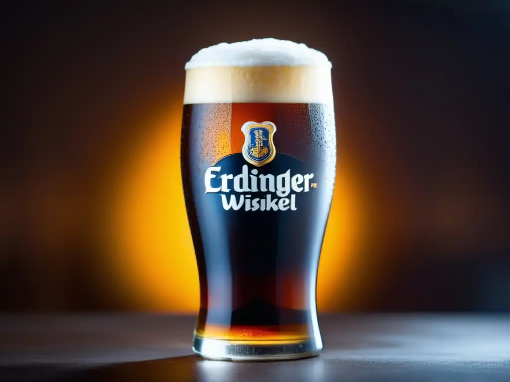 Delicioso Dunkelweizen: Cerveza Erdinger Weissbier Dunkel con espuma cremosa y color marrón oscuro