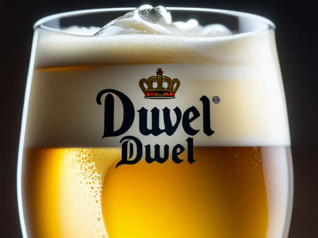 Cerveza Duvel Strong Pale Ale: color dorado vibrante, espuma cremosa, burbujas y condensación en vidrio