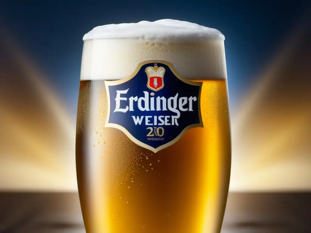 Cerveza Erdinger Weissbier, colores ricos y burbujas de carbonatación, vaso con condensación - Weizenbier