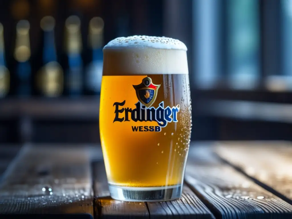 Cerveza de trigo Erdinger Weissbier, dorada y espumosa, en una mesa de madera rústica - Weizenbier