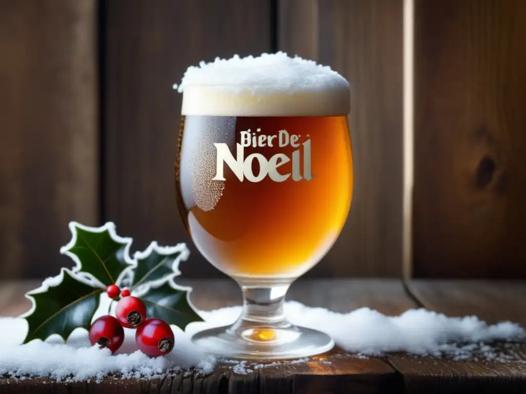 Cerveza francesa Bière de Noël en copa de vidrio con detalle y elegancia