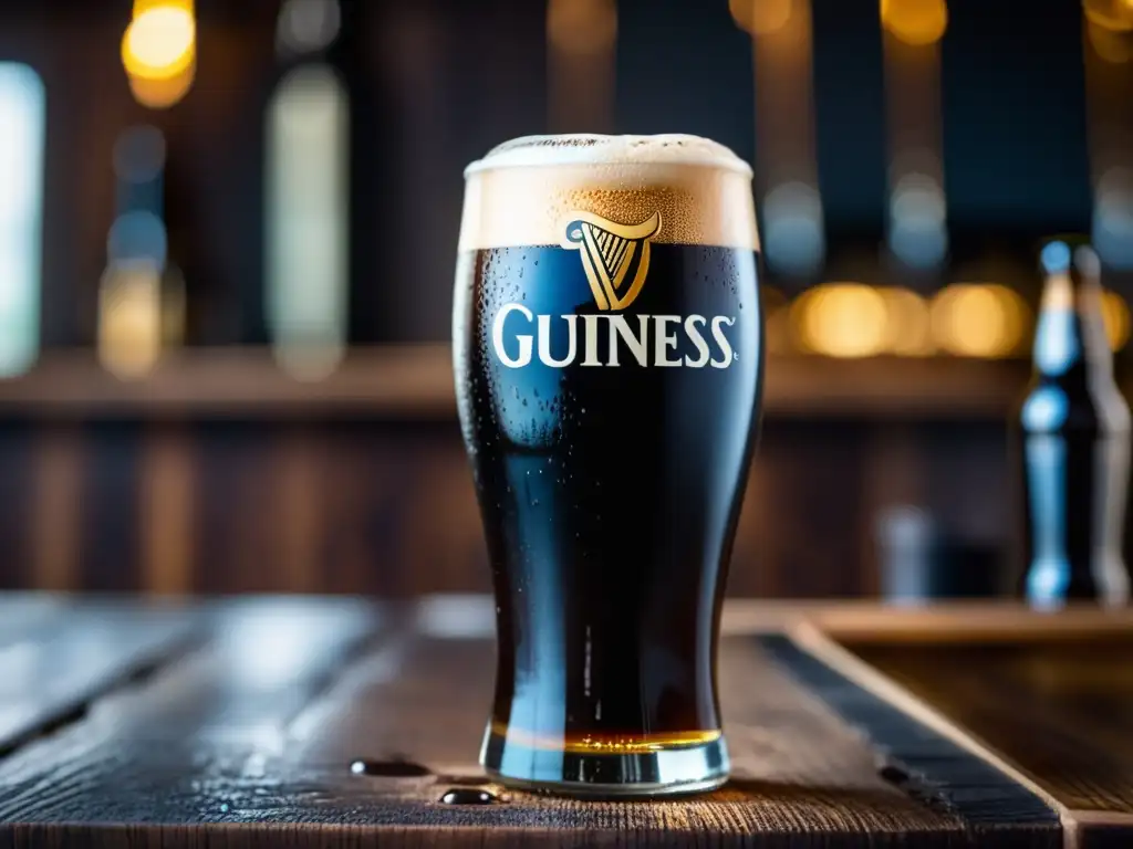 Vaso de Guinness Dry Stout, cerveza oscura con espuma cremosa y detalles burbujeantes en superficie de madera