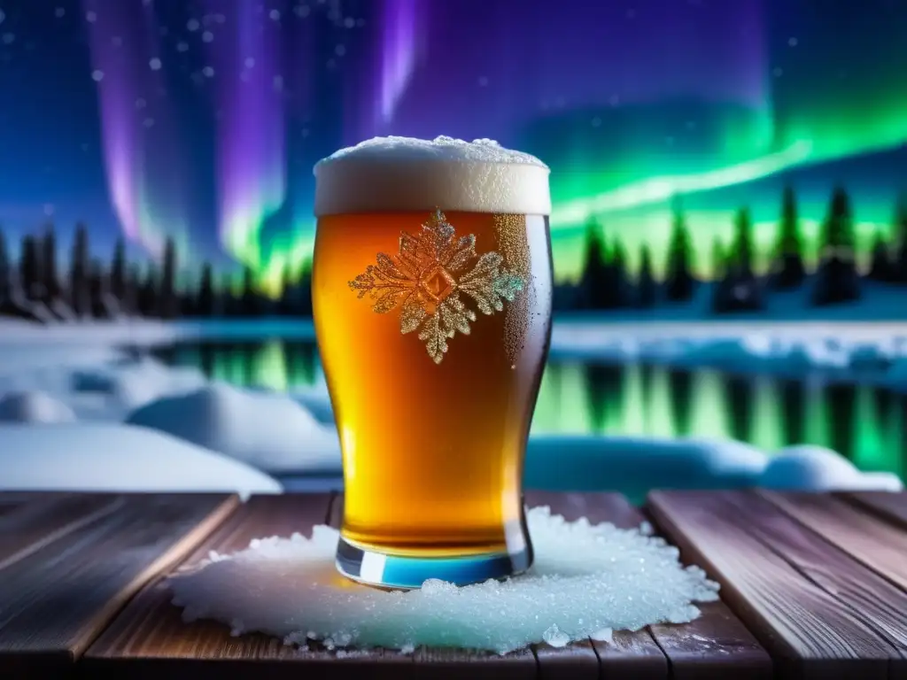 Una cerveza artesanal ámbar congelada en un vaso de cristal, acompañada de auroras boreales y paisajes invernales en Islandia