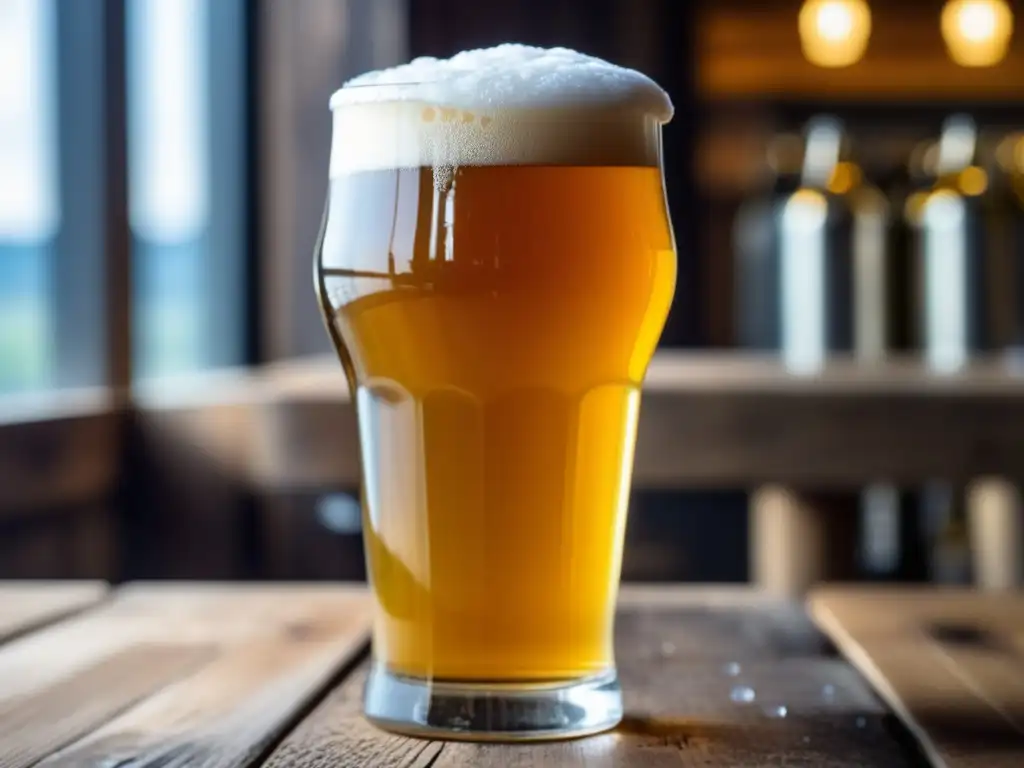 Cerveza Helles dorada en vaso alto, con espuma blanca y burbujas