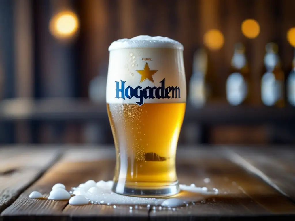 Cerveza Hoegaarden White, dorada y espumosa en una mesa de madera rústica