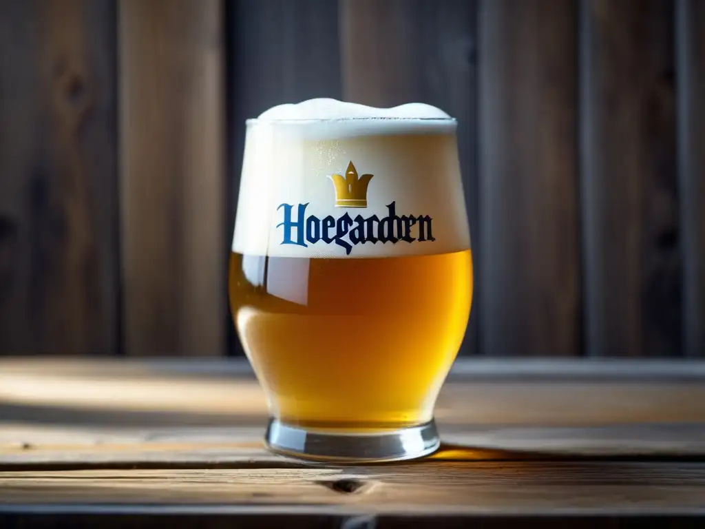 Cerveza Hoegaarden Witbier en vaso, líquido dorado y burbujeante en mesa rústica