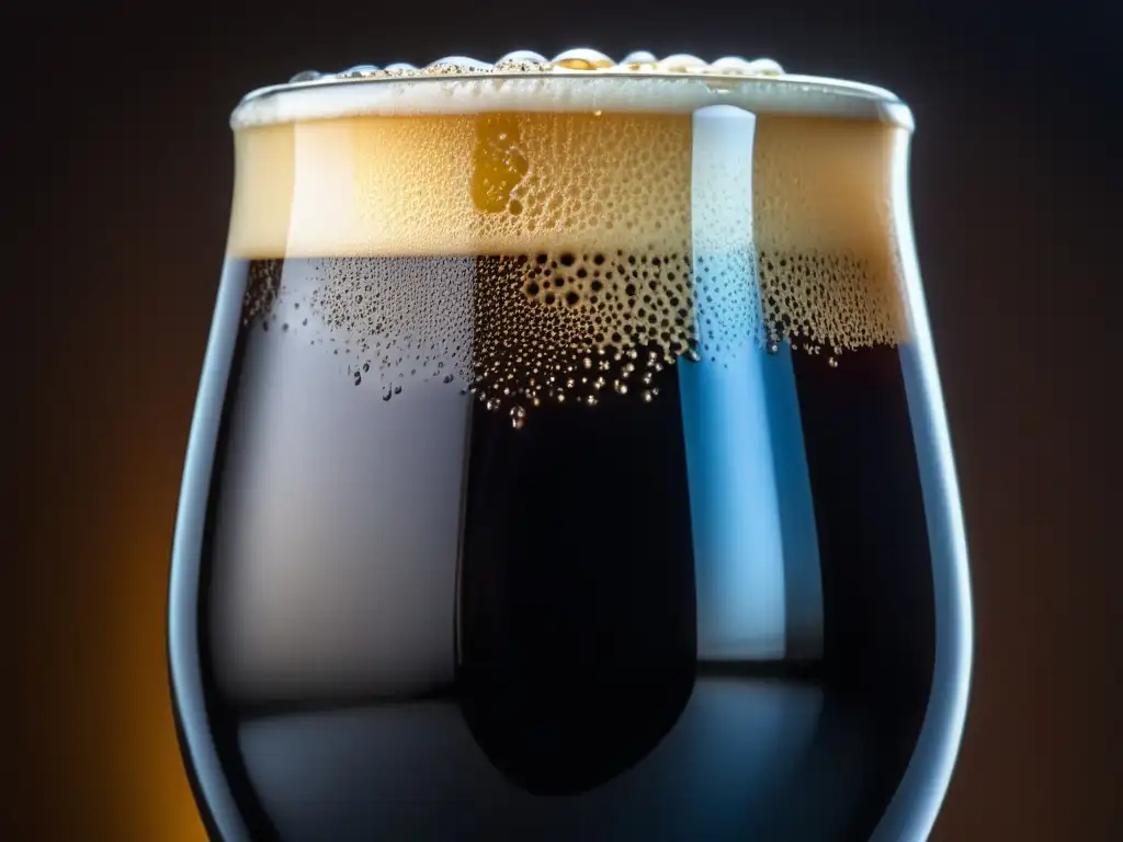 Detallada imagen de una Imperial Stout negra, con vidrio mate, espuma cremosa y misteriosa elegancia