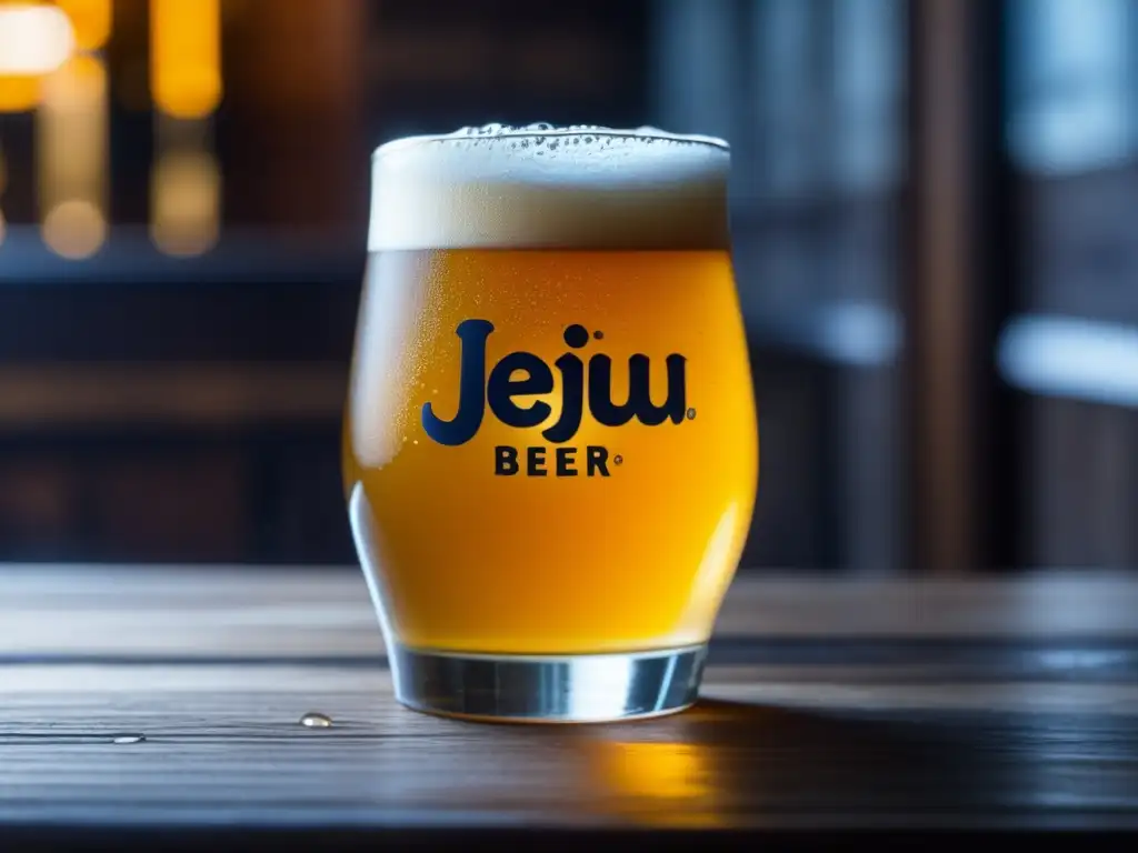 Cerveza Jeju: vidrio helado con burbujas y condensación, sobre mesa de madera y posavasos rústico