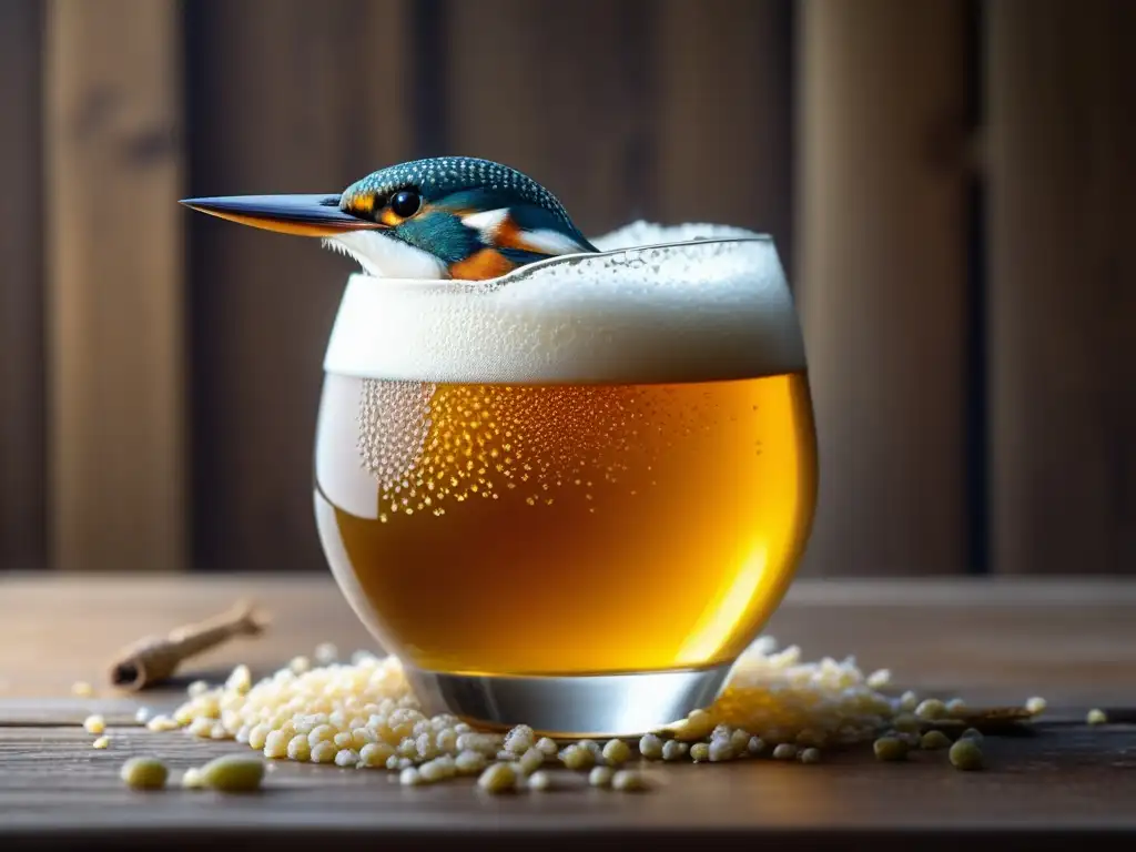 Vaso de cerveza Kingfisher dorada con burbujas y espuma cremosa en una mesa de madera