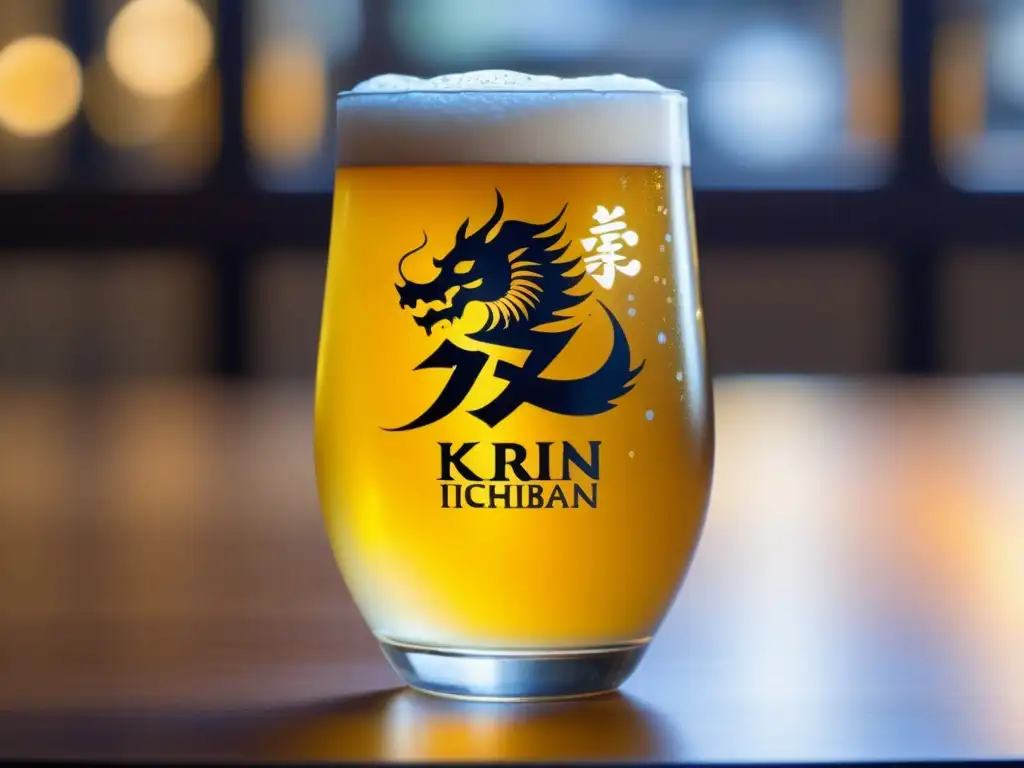 Vaso de cerveza Kirin Ichiban, dorada y burbujeante, con reflejos de colores