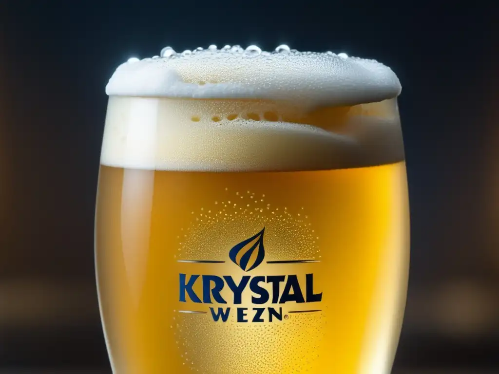 Vaso de cerveza Krystal Weizen con líquido dorado y burbujas elegantes