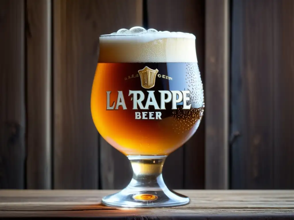 Cerveza La Trappe con burbujas, espuma cremosa y detalles de colaboraciones culinarias