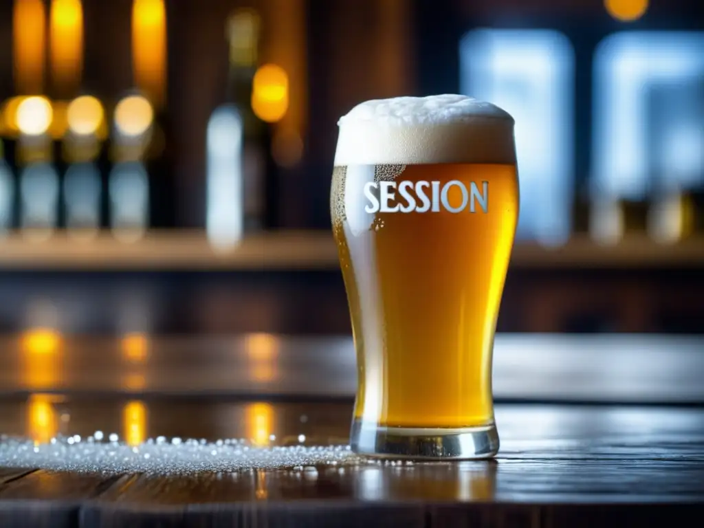 Cervezas de Sesión en vaso de cristal dorado con espuma blanca y burbujas, sobre mesa de madera rústica