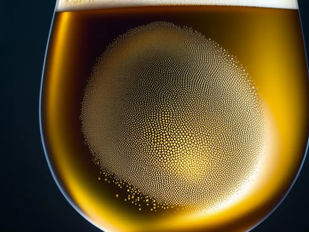 Detalle fascinante de una cerveza Lambic dorada en copa tradicional, con textura, burbujas y condensación reflejando la luz