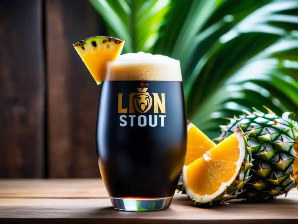 Lion Stout: Cerveza Tropical Stout con intensos sabores y cuerpo robusto, rodeada de elementos tropicales y frutas vibrantes