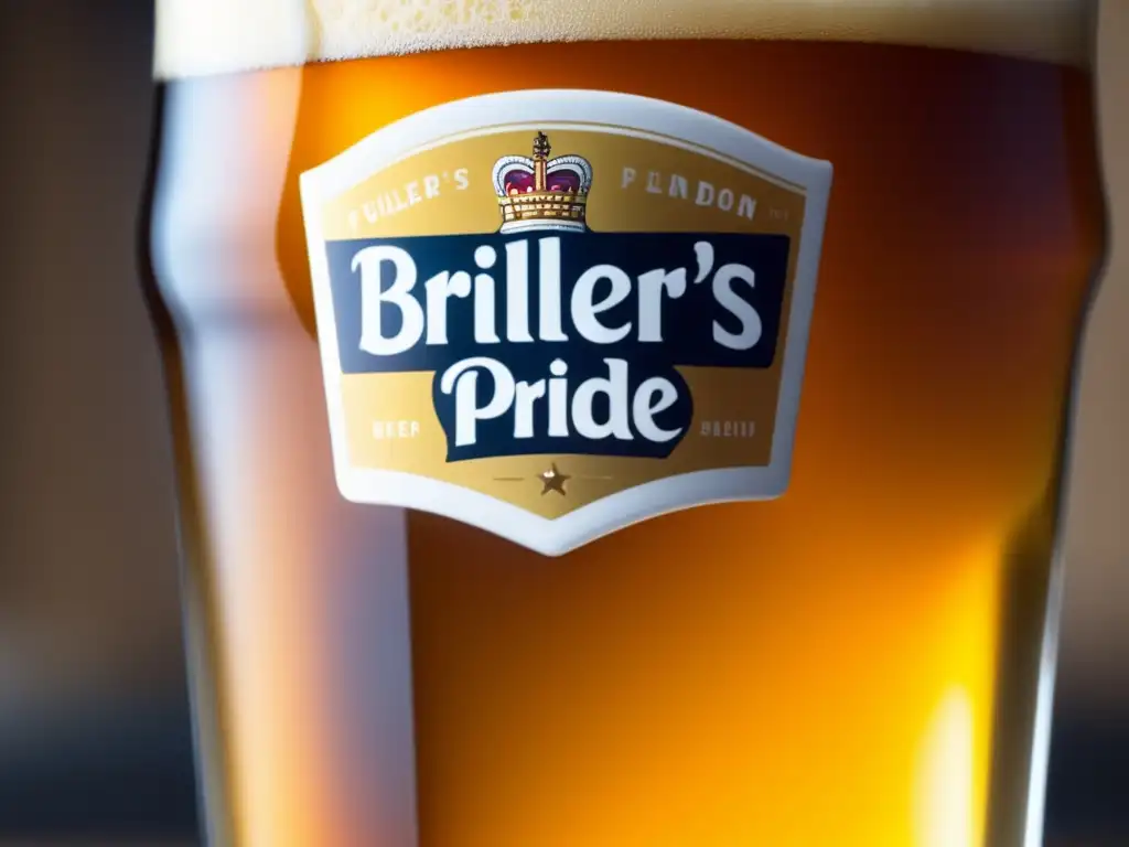 Un vaso lleno de cerveza Fuller's London Pride, con espuma blanca y burbujas