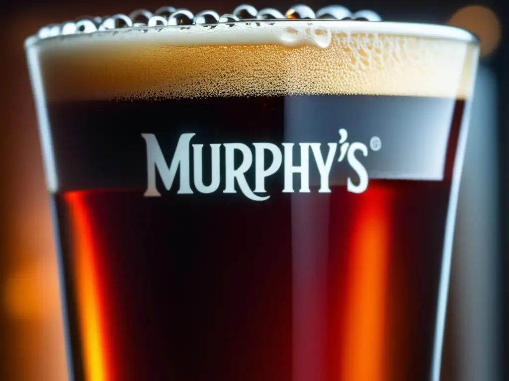 Pint glass showcasing Murphy's Irish Red Ale, with rich red hue and elegant reflection