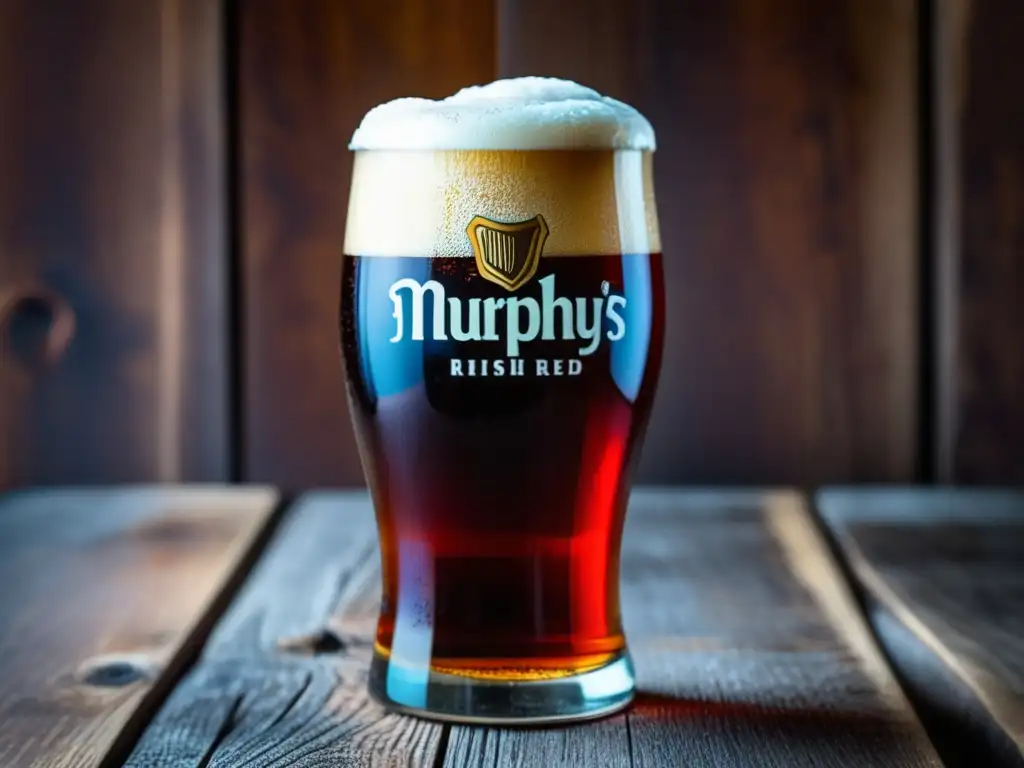 Vaso de cerveza Murphy's Irish Red en mesa de madera rústica